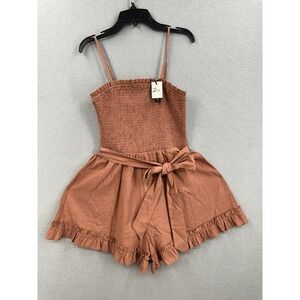 Zexxy Smocked Bodice Ruffle Hem Tie Waist Romper Terracotta Linen Blend S